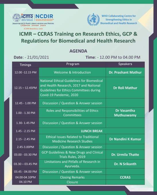 ICMR – CCRAS Training on Research Ethics, GCP & Regulations for Biomedical and Health Research