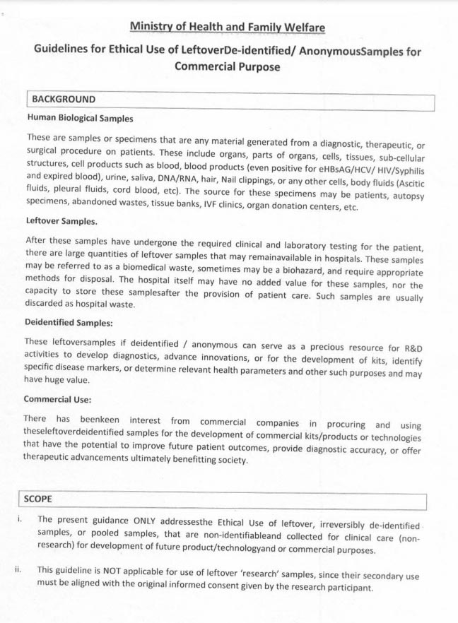 Guidelines for Ethical Use of Leftover De-identified/ Anonymous Samples for Commercial Purpose 