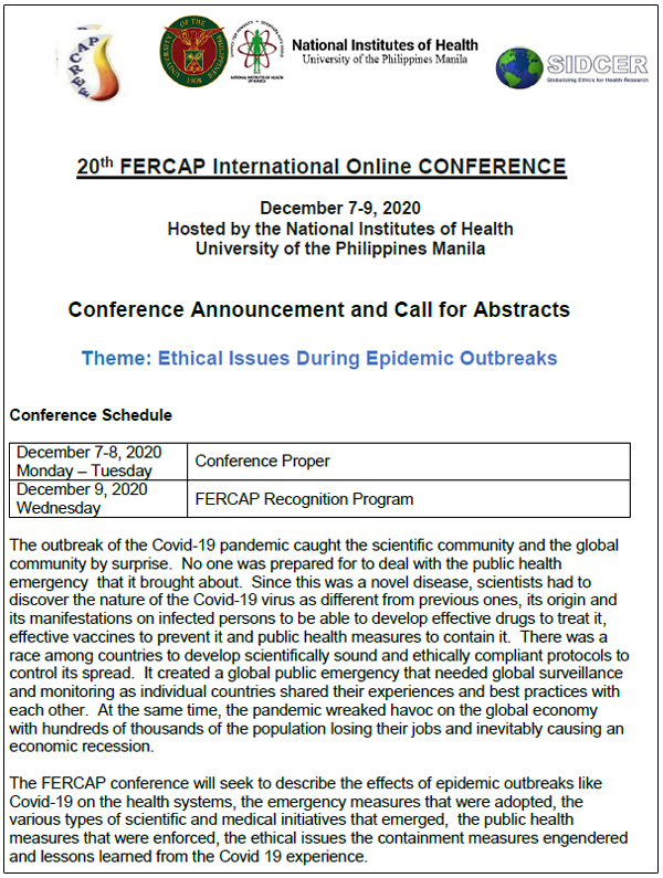 20th FERCAP International Online Conference hosted by the National Institutes of Health, University of the Philippines, Manila on “Ethical Issues During Epidemic Outbreaks”
