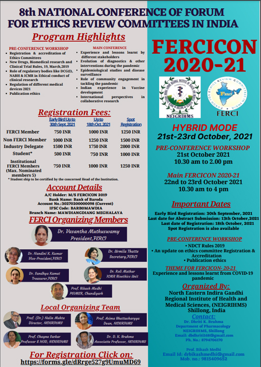 8th National Conference by Forum for Ethics Review Committees in India, Organized by North Eastern Indira Gandhi Regional Institute of Health and Medical Sciences (NEIGRIHMS), Shillong